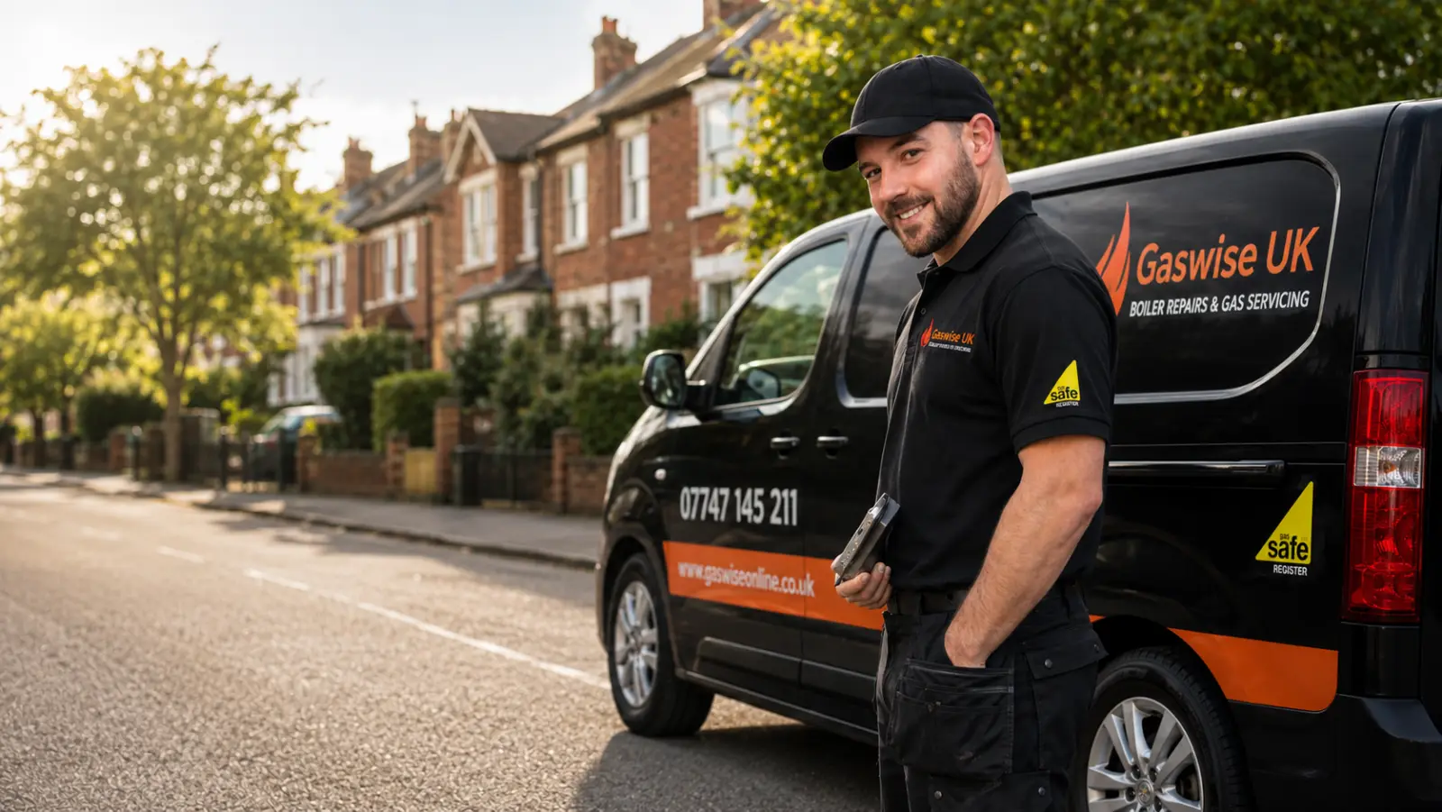 Gaswise UK gas engineer standing beside the branded Gaswise UK van on a Nottingham street